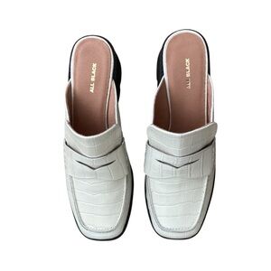 All Black Croc-Embossed White Leather Loafer Mules